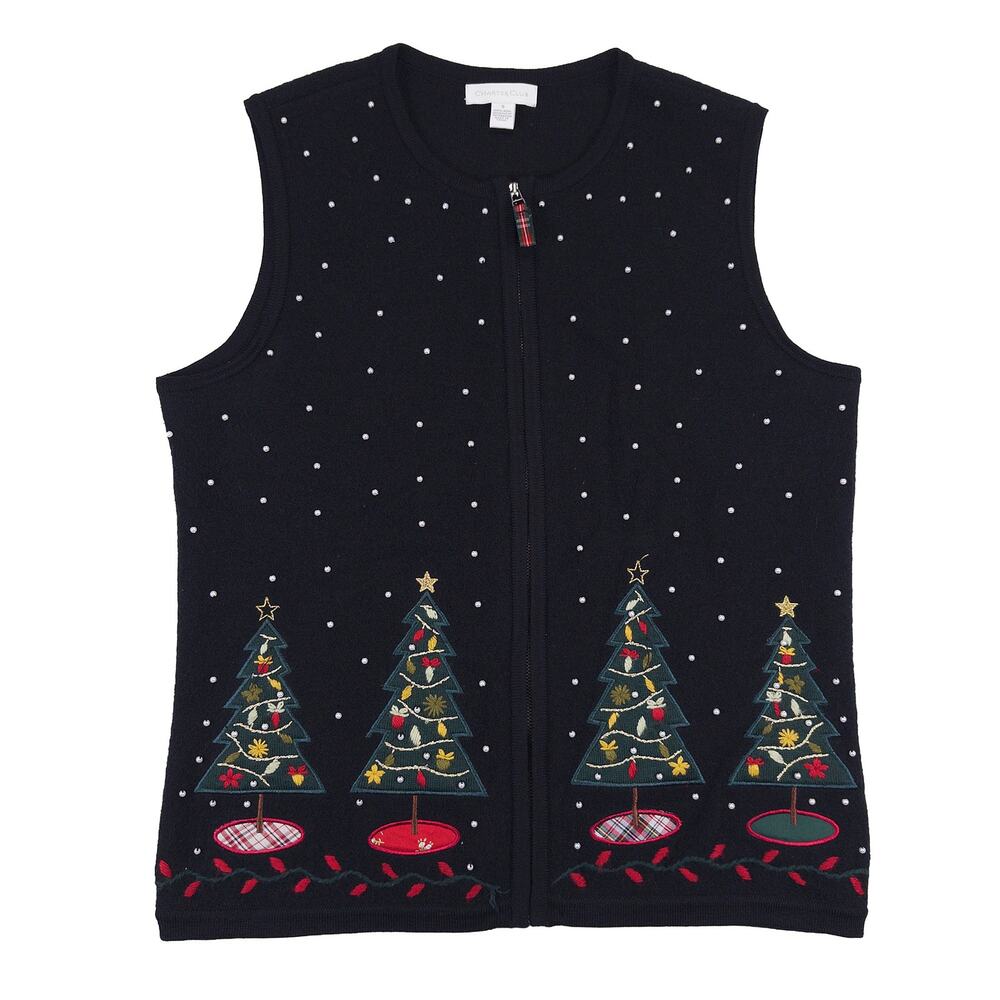 Charter Club Wool Christmas Tree Vest Women's S Black Beaded Full Zip Holiday